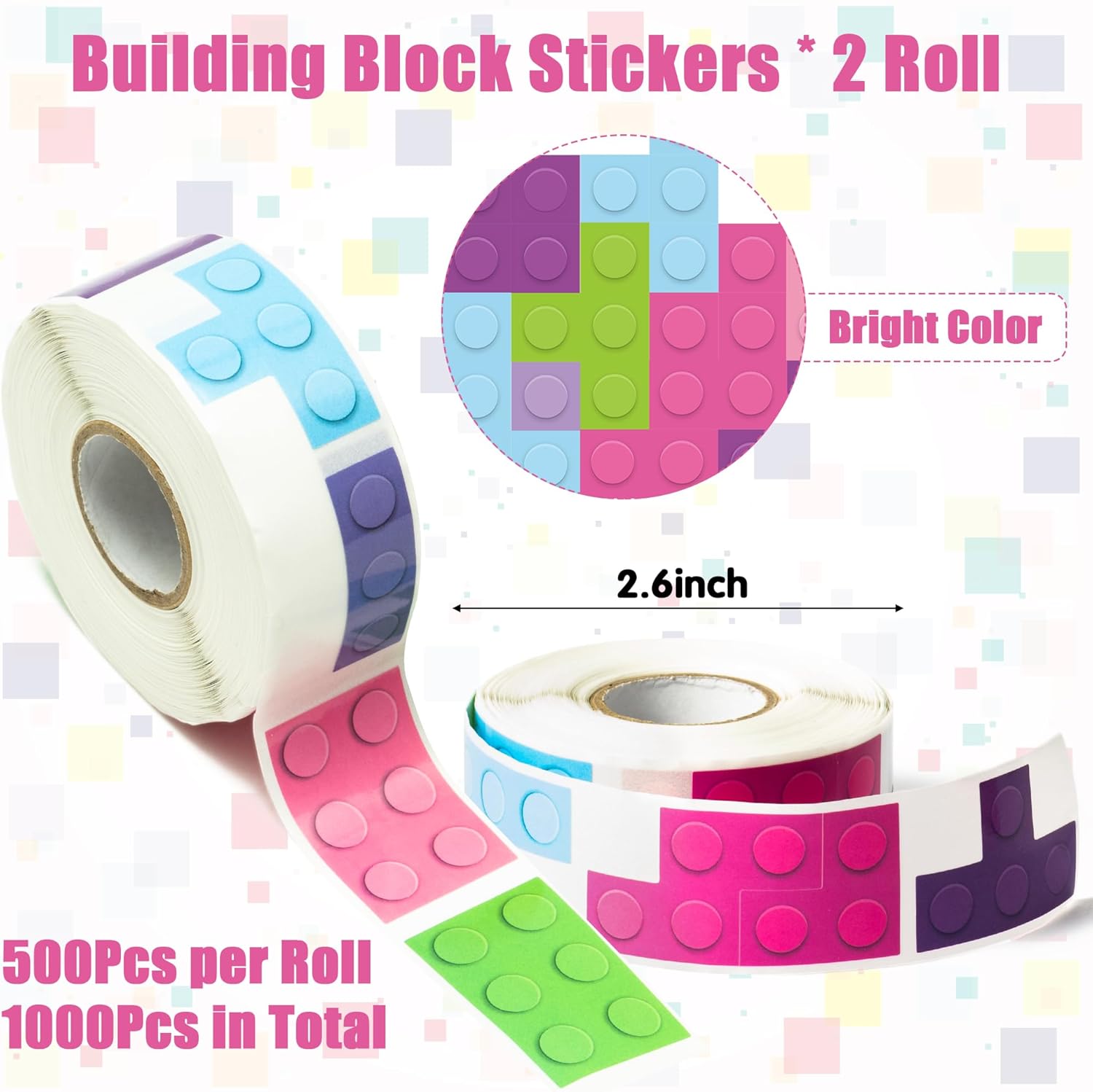 1000Pcs Block Stickers for Kids, 2 Roll Colorful Bricks Paper Self Adhesive Heart House Decal Peel and Stick Removable Toy Brick Lover Gift Birthday Party Supplies Bulk Decor Game