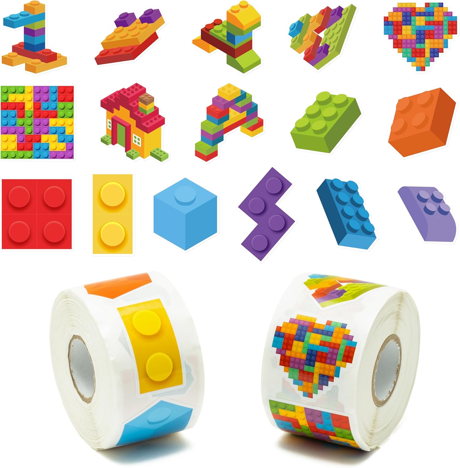 1000Pcs Block Stickers for Kids, 2 Roll Colorful Bricks Paper Self Adhesive Heart House Decal Peel and Stick Removable Toy Brick Lover Gift Birthday Party Supplies Bulk Decor Game