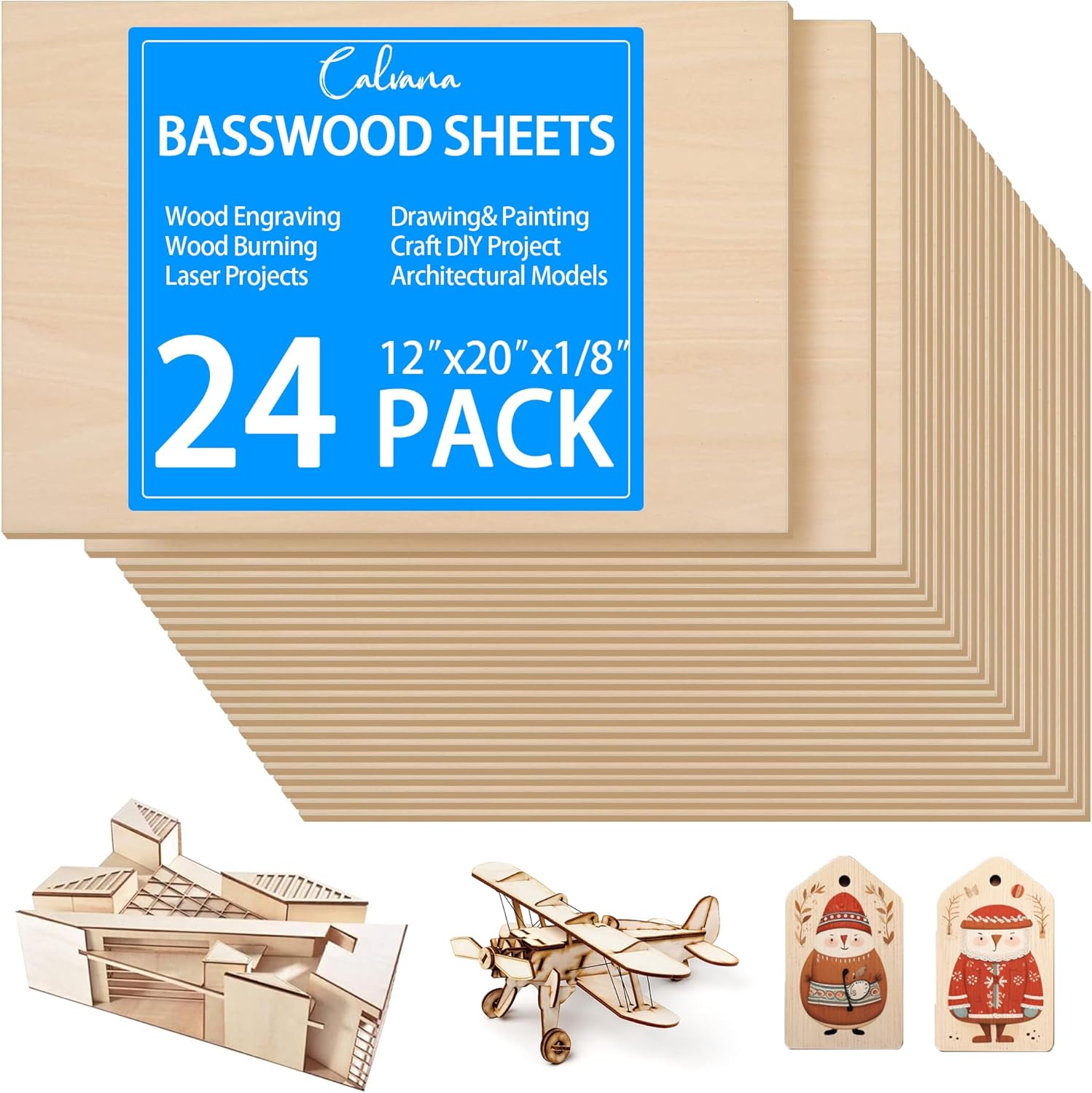 12Pack Balsa Sheets 12x12x1/8in, Unfinished Wood Veneer Planks, Thin Wood Blanks for Crafting Supplies  Materials, Laser Cutting, Engraving, Wood Burning, DIY Crafts for Adults  Children