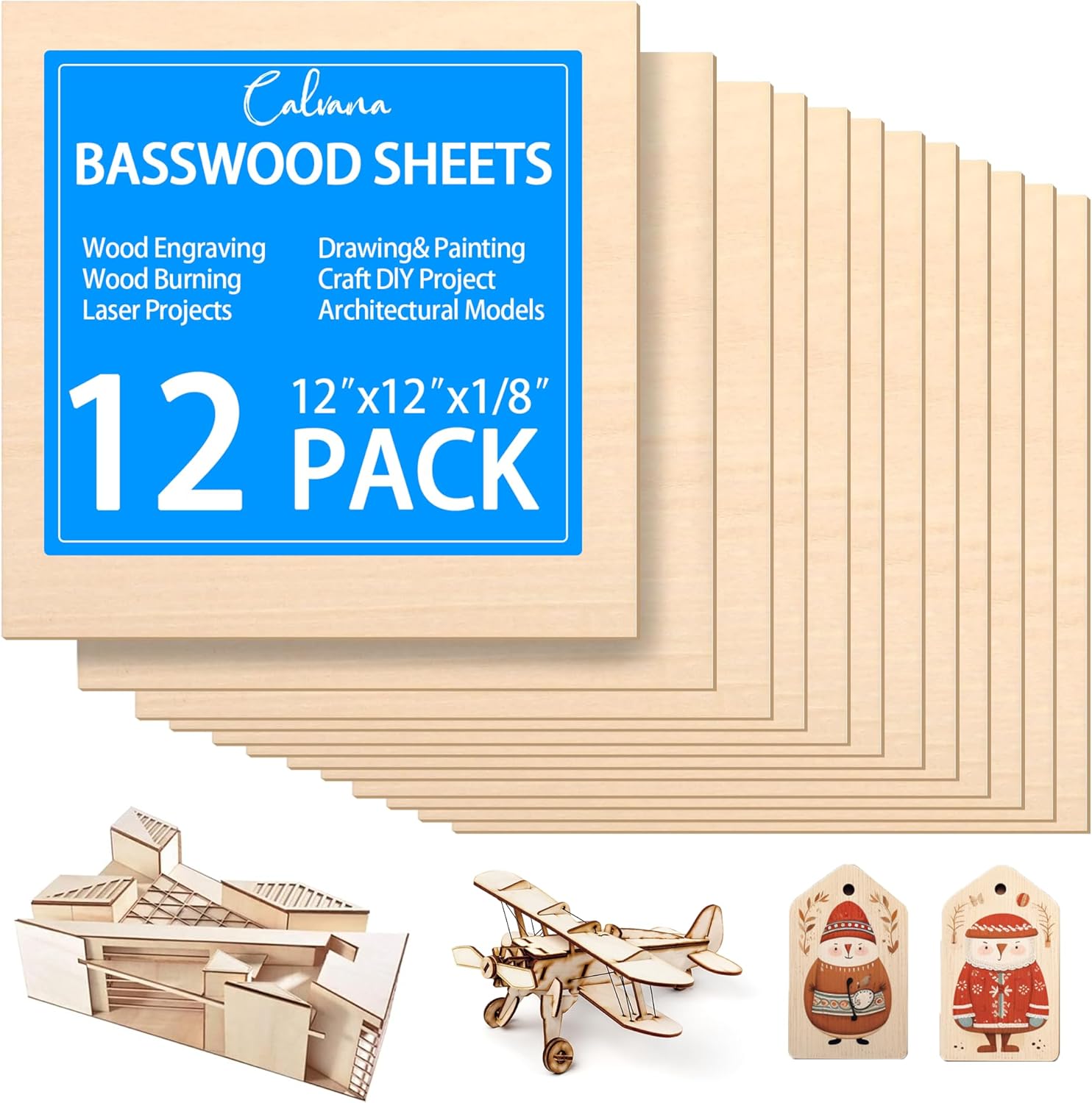 12Pack Balsa Sheets 12x12x1/8in, Unfinished Wood Veneer Planks, Thin Wood Blanks for Crafting Supplies  Materials, Laser Cutting, Engraving, Wood Burning, DIY Crafts for Adults  Children