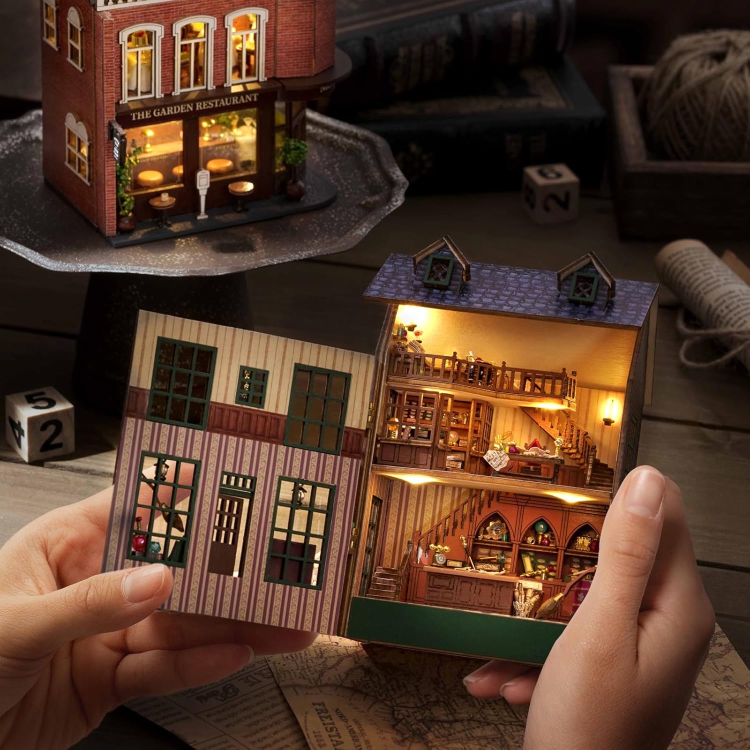 DIY Miniature House Kit, CUTEROOM Wooden Dollhouse Kit Mini House Making Kit with Furnitures, DIY Dollhouse Kit Birthday Gift (Garden Restaurant), D016-US