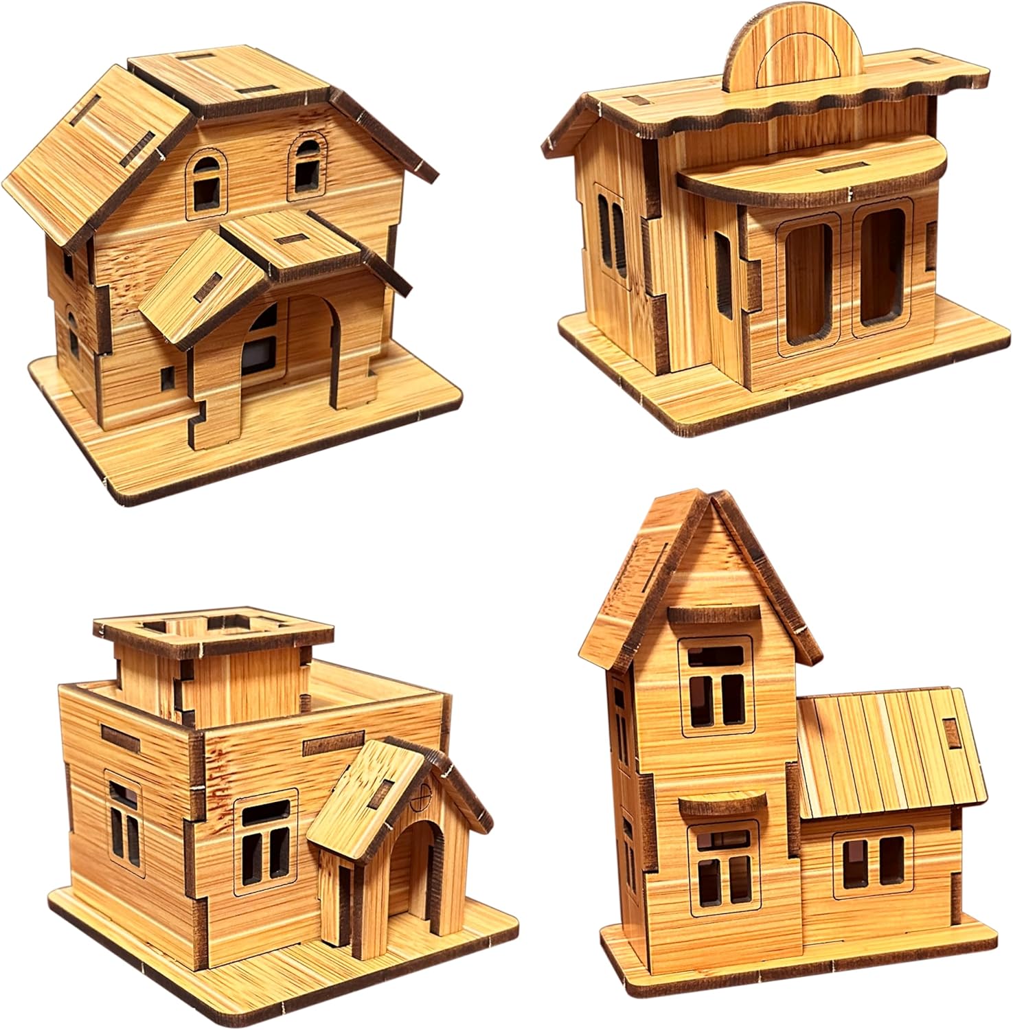 3D Wooden Puzzles for Adults 4PCS Wooden Mini House Model Kits for Adults, 3D Jigsaw Brain Teaser Puzzles, Log Cabin DIY