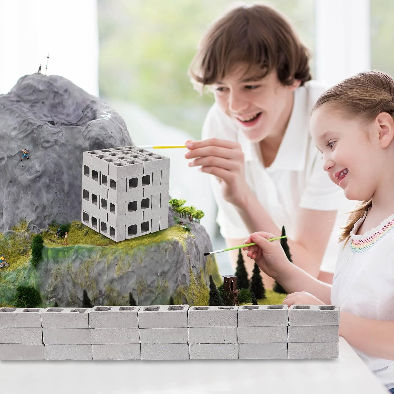 Civaner 50 Pcs Miniature 1/12 Scale Mini Bricks Concrete Tiny Dollhouse Accessories for Kitchen Garden Landscaping Model Architect Buildings DIY Construction Office Desk Toys Supplies (Gray-Square)