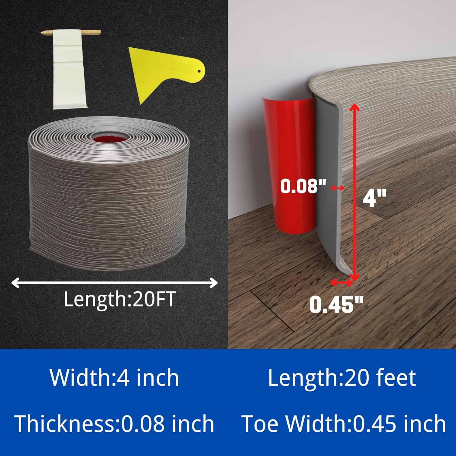 COUKIU Flexible Baseboard Molding Trim, 4 Inch x 20 Feet Self-Adhesive Vinyl Wall Base Cove Base, Peel and Stick Rubber Wall Base Moulding Trim(S100, White)