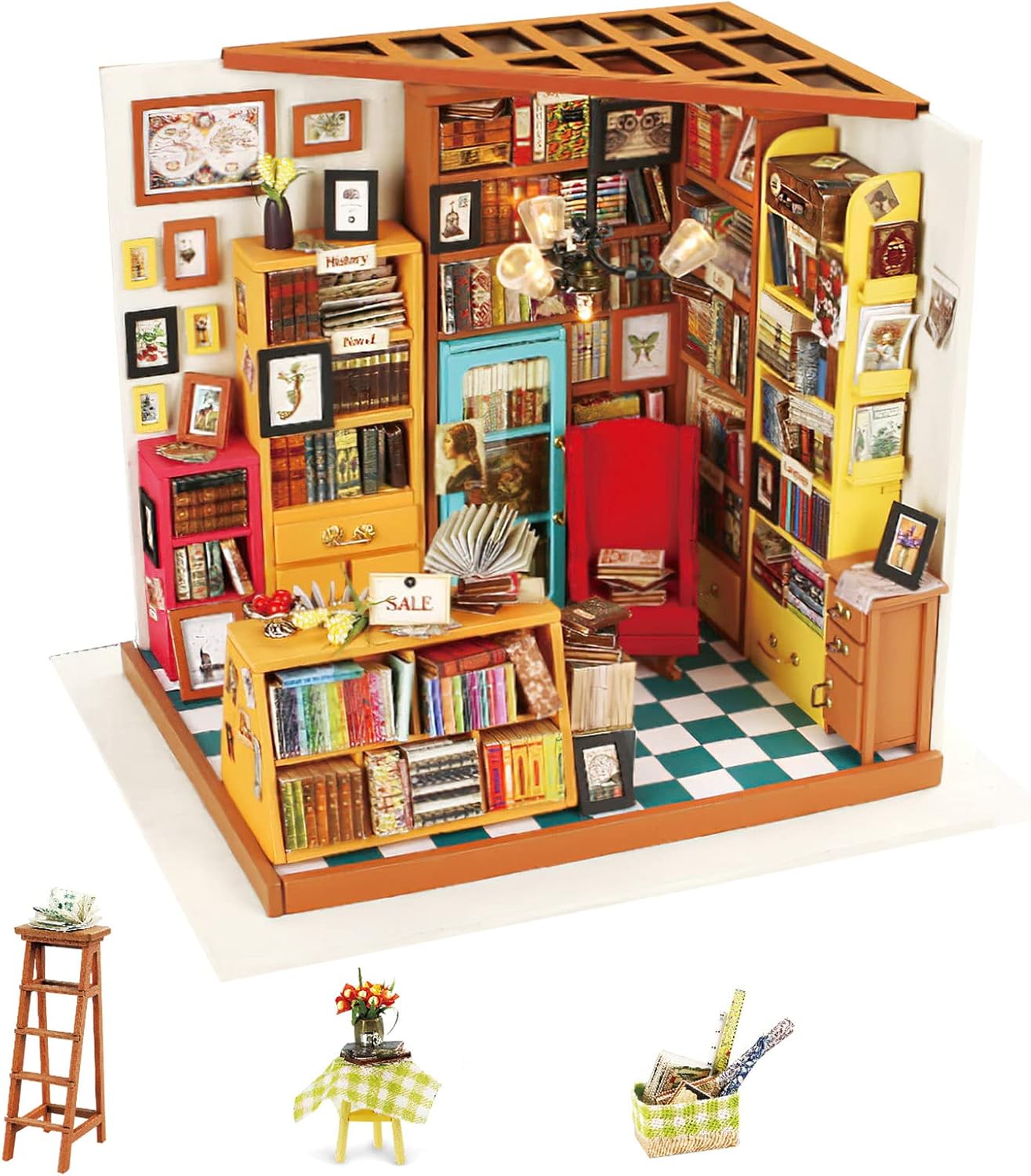DIY Miniature Dollhouse Greenhouse Building Room Kit, Wooden Diorama Book Nook House Crafts for Adults, 1:24 Scale Miniature Street Tiny Library House Making