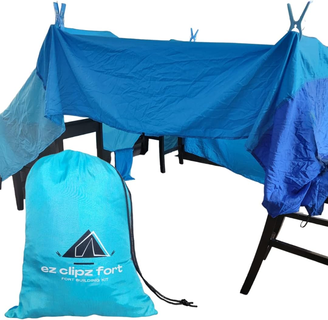 ez clipz- Fort Building Kit- Large Lightweight Blanket and Clips to Attach to Furniture-Best Gift for Kids/Children- by Pickle  Olive (Blue)