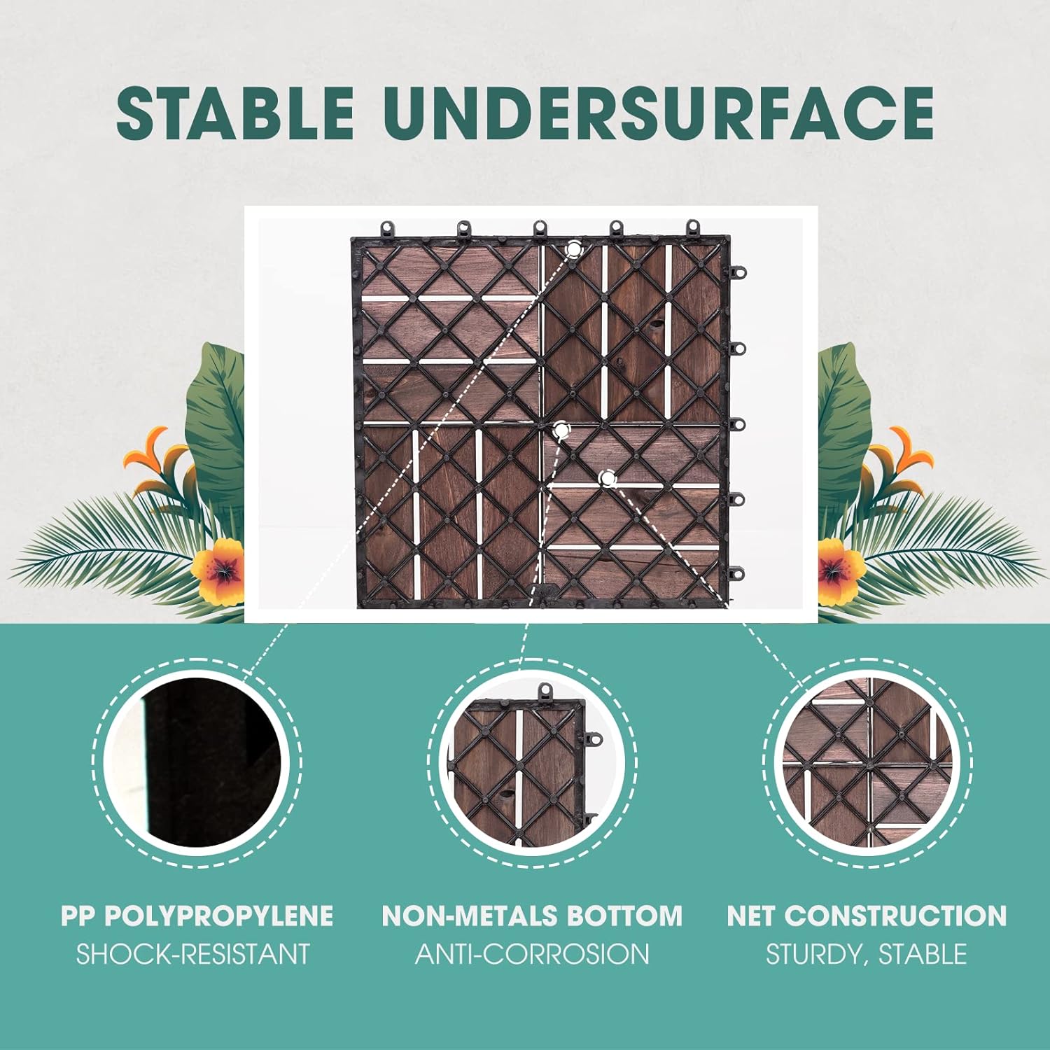 Idzo Interlocking Deck Tiles - 10PCS Waterproof Acacia Wood Patio Tiles, Flooring Tiles for Both Indoor and Outdoor - Decking Stripe Pattern, Dark Brown, 12 x 12 x 0.9 inches