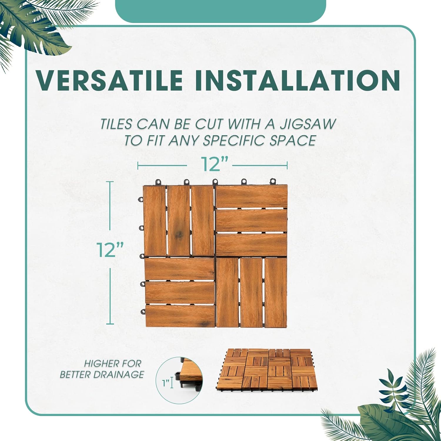 Idzo Interlocking Deck Tiles - 10PCS Waterproof Acacia Wood Patio Tiles, Flooring Tiles for Both Indoor and Outdoor - Decking Stripe Pattern, Dark Brown, 12 x 12 x 0.9 inches