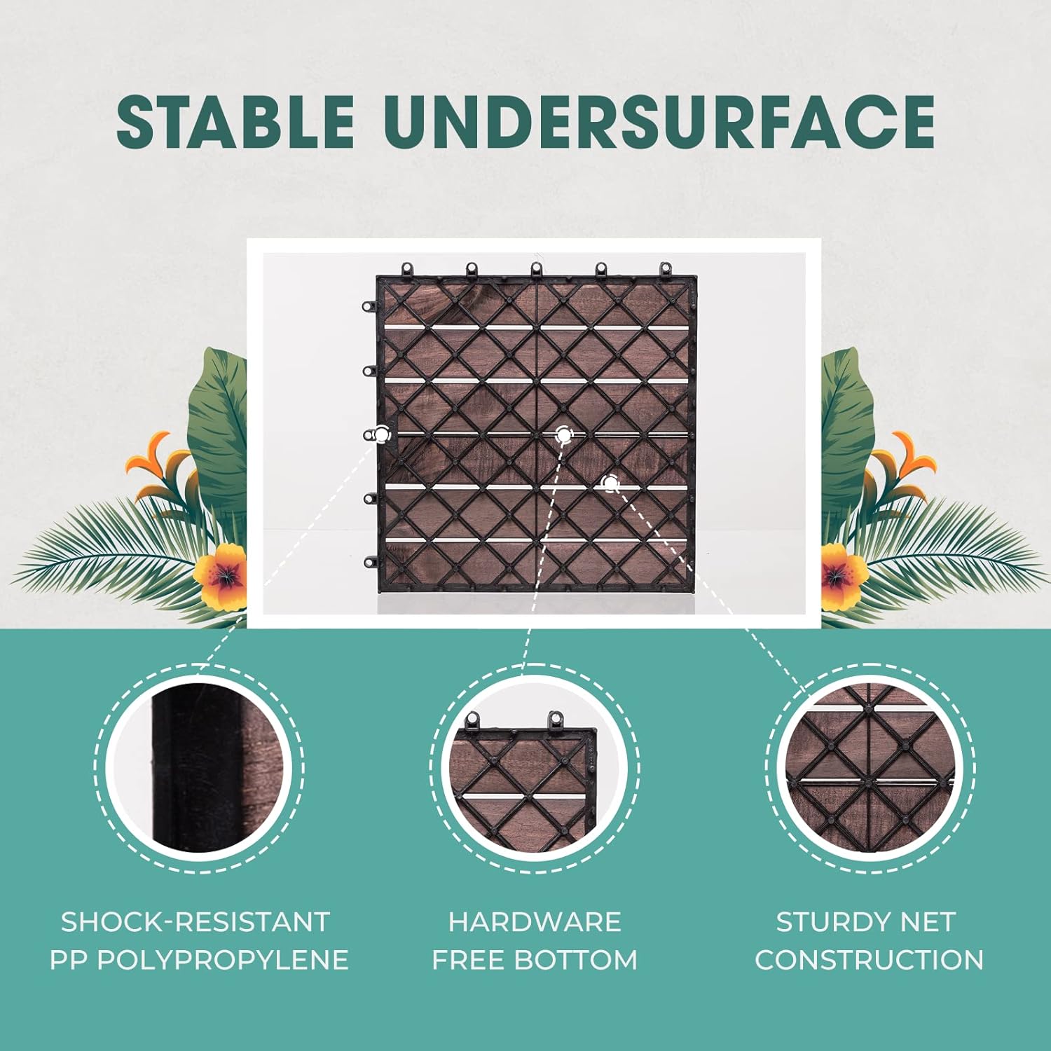 Idzo Interlocking Deck Tiles - 10PCS Waterproof Acacia Wood Patio Tiles, Flooring Tiles for Both Indoor and Outdoor - Decking Stripe Pattern, Dark Brown, 12 x 12 x 0.9 inches