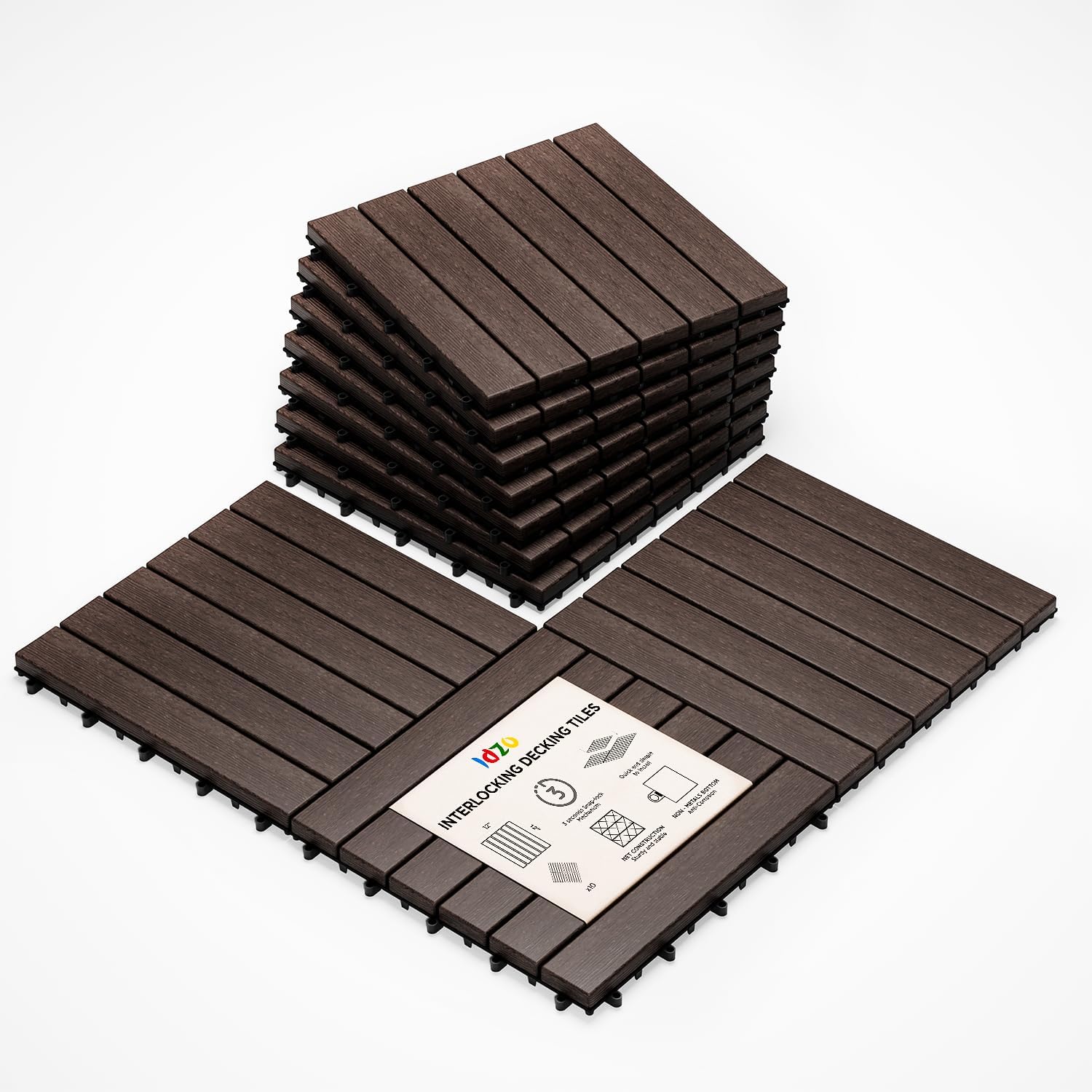 Idzo Interlocking Deck Tiles - 10PCS Waterproof Acacia Wood Patio Tiles, Flooring Tiles for Both Indoor and Outdoor - Decking Stripe Pattern, Dark Brown, 12 x 12 x 0.9 inches