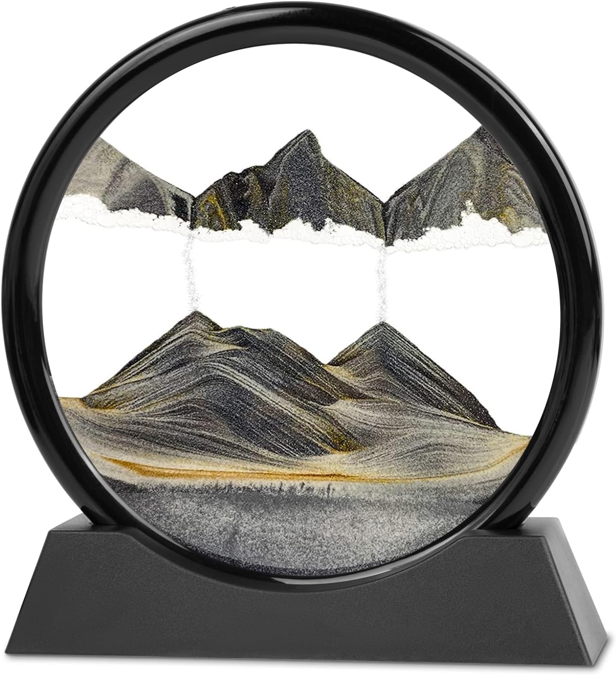 Moving Sand Art, 3D Liquid Motion Deep Sea Sandscape Color Quicksand Decor, Round Glass Flowing Circle Sand Art Sandscapes Picture, Relaxing Desktop Home Office Work Decor, 7 inch Black