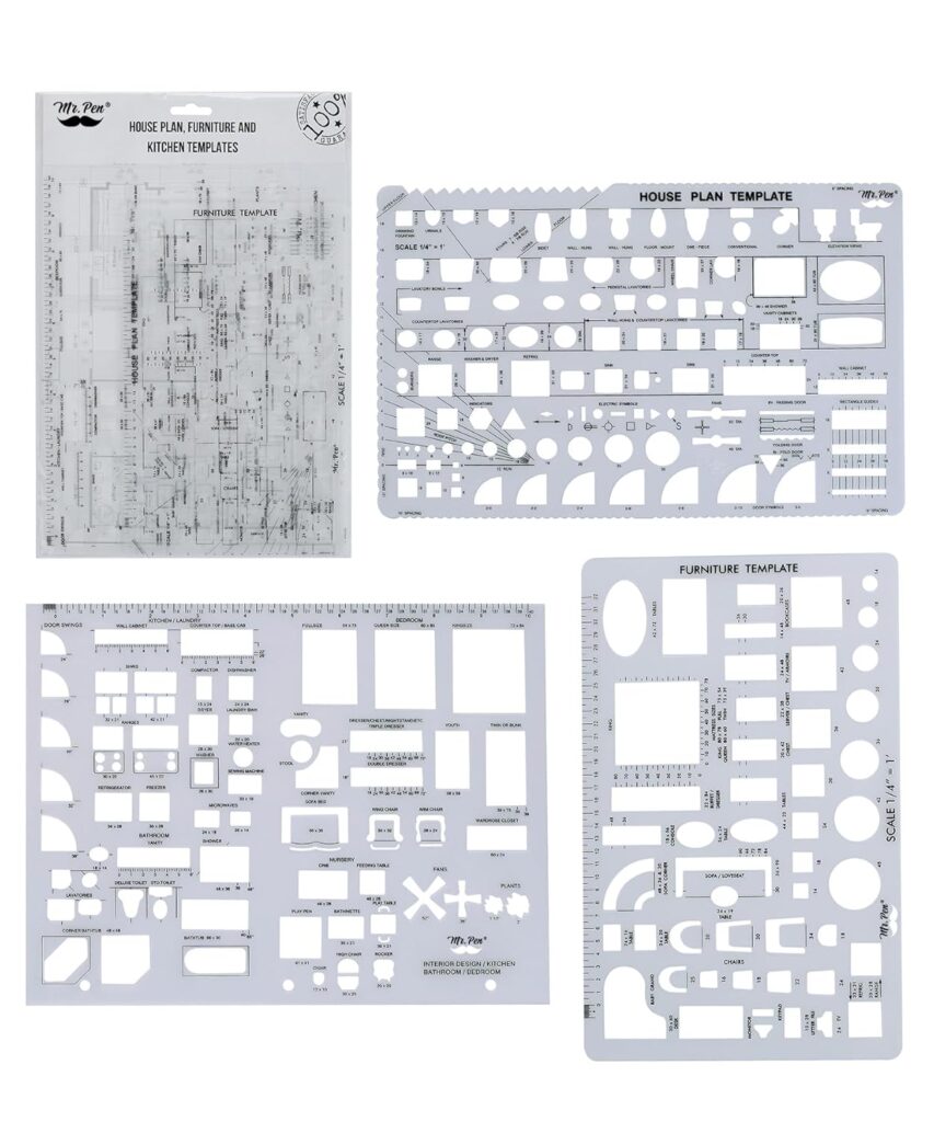 Mr. Pen- House Plan, Interior Design and Furniture Templates, Drafting Tools and Ruler Shapes for Architecture - Set of 3