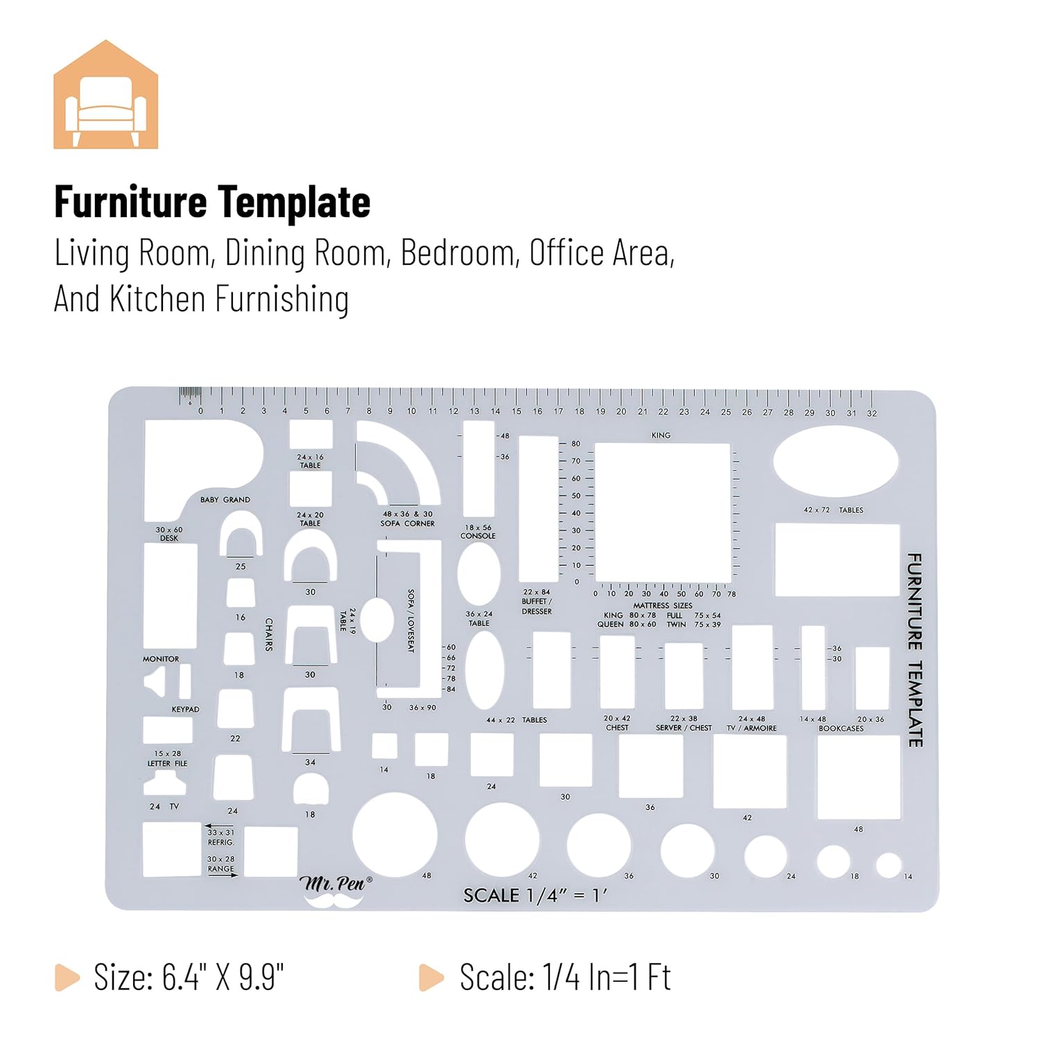 Mr. Pen- House Plan, Interior Design and Furniture Templates, Drafting Tools and Ruler Shapes for Architecture - Set of 3
