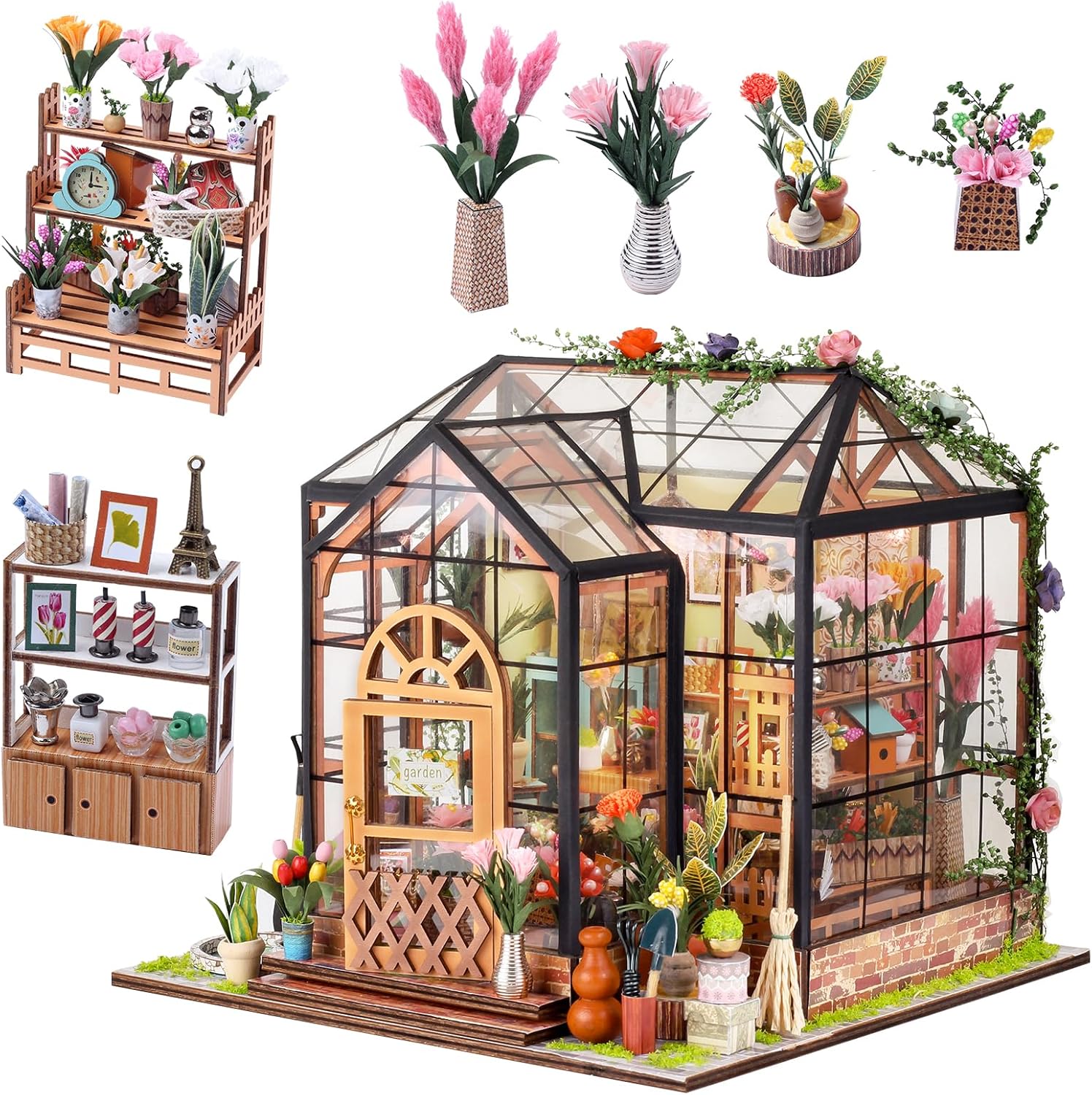 OZJAY DIY Miniature House Kit, Mini House Building Kit with LED, DIY Wooden Dollhouse Miniature Kit for Adults Teen, Wooden Crafts Lovely Dollhouse Kit, Jenny Greenhouse