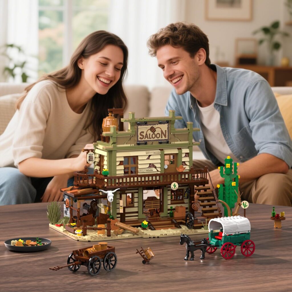 Western Saloon Building Set with LED Light, Wild West Building Block Toy 1727 PCS, Old West Construction Model with Horse Stable Carriage Cowboy Hat, House Building Kit for Adults Teens 12+