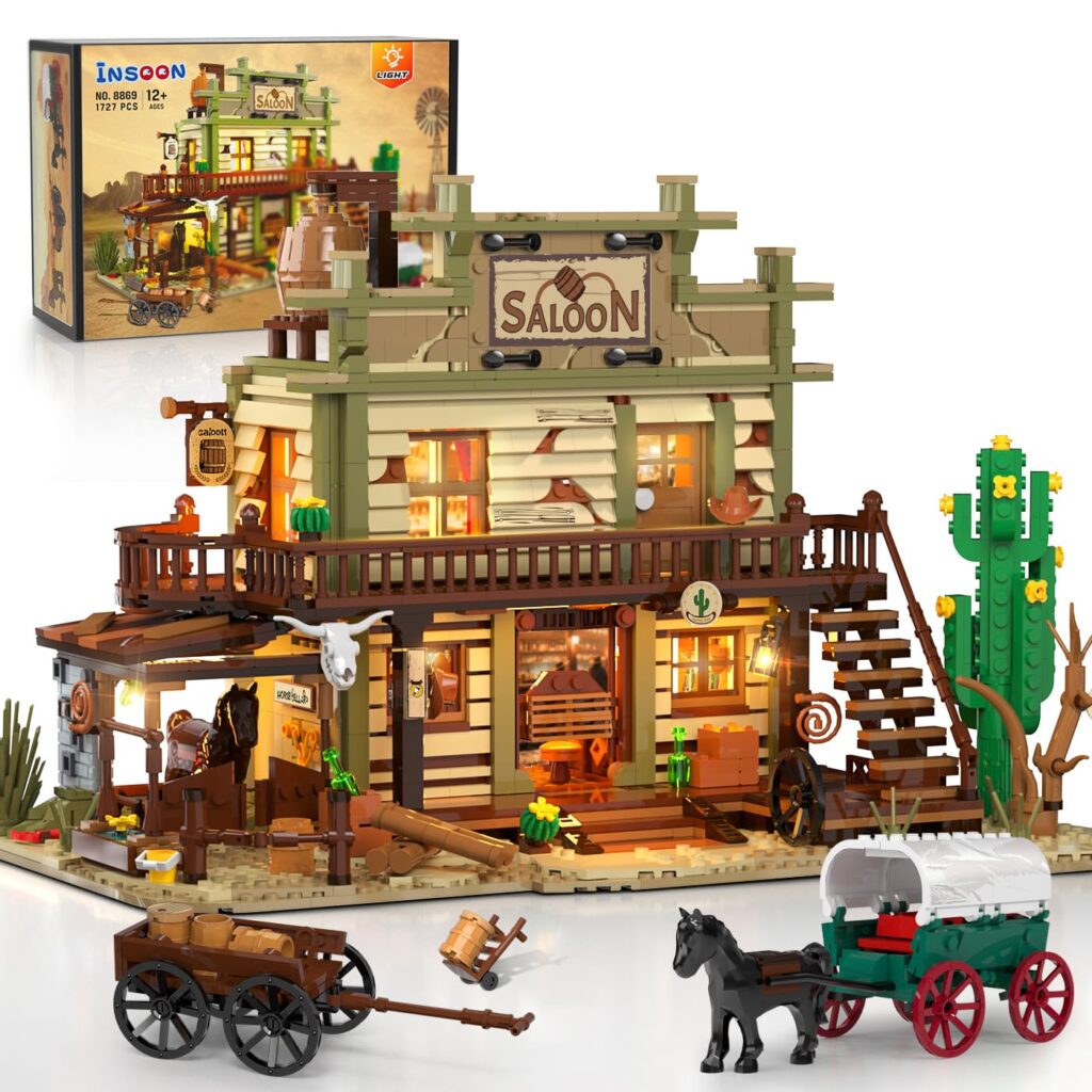 Western Saloon Building Set with LED Light, Wild West Building Block Toy 1727 PCS, Old West Construction Model with Horse Stable Carriage Cowboy Hat, House Building Kit for Adults Teens 12+