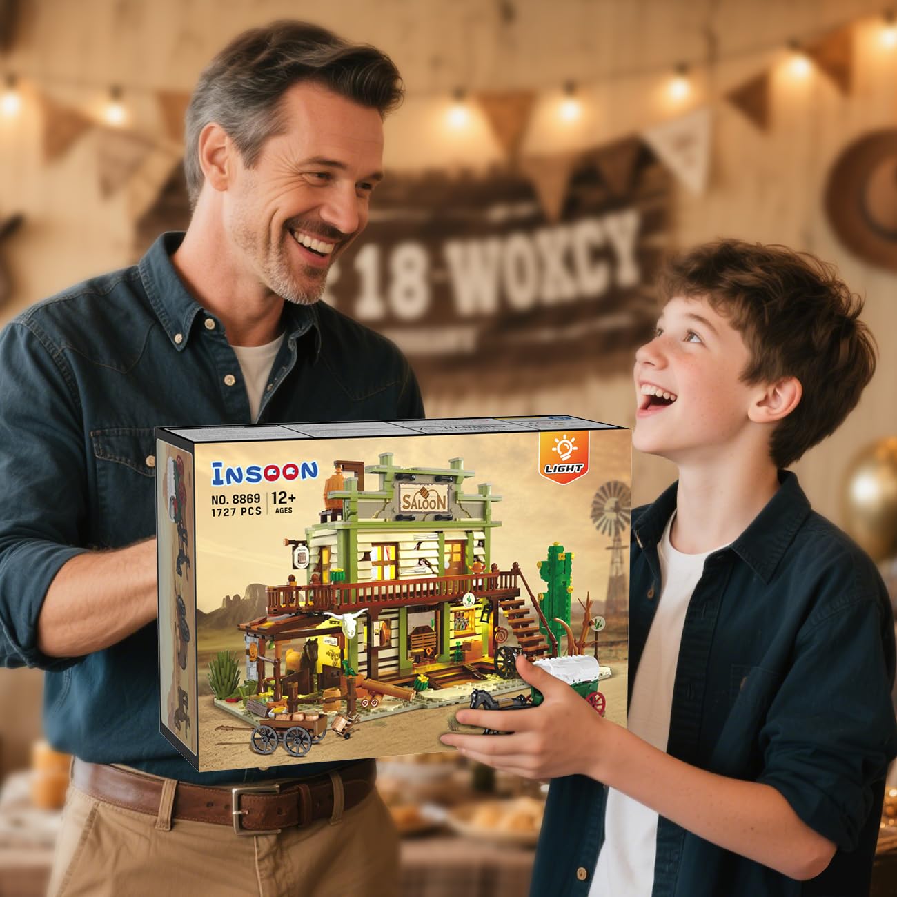 Western Saloon Building Set with LED Light, Wild West Building Block Toy 1727 PCS, Old West Construction Model with Horse Stable Carriage Cowboy Hat, House Building Kit for Adults Teens 12+